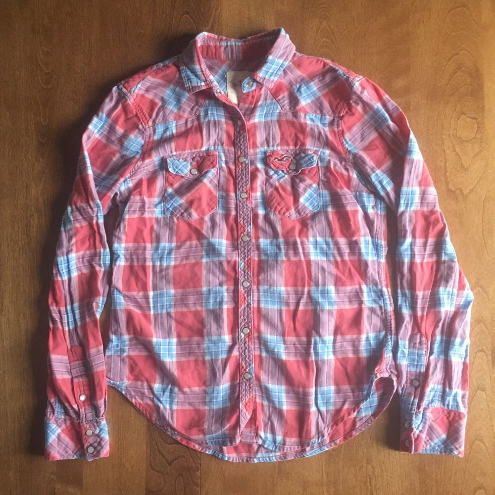 Hollister coral plaid western shirt S